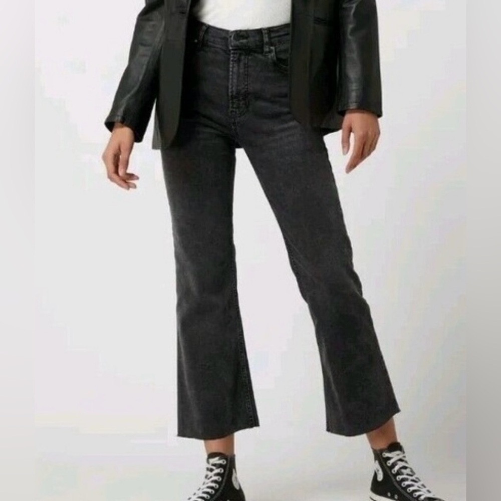 MNG Mango Sienna Cropped Flare leg Jeans Black Womens 12 Stretch denim Raw hem